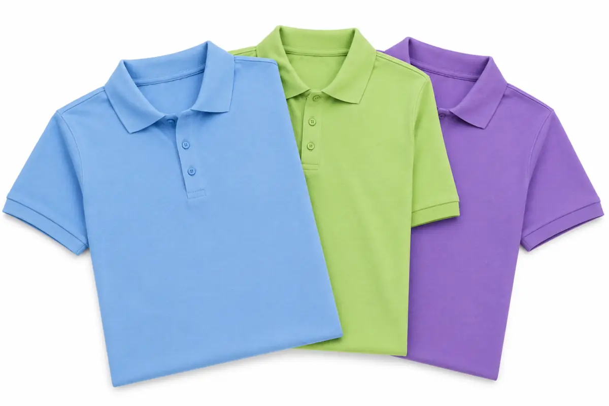 Polos corporativos en azul, verde y morado