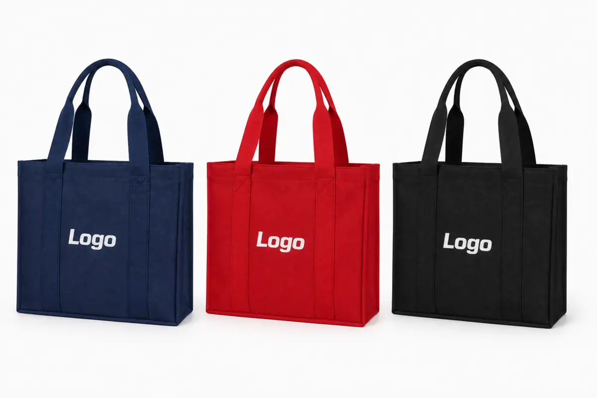 Bolsas promocionales con fuelle en azul, rojo y negro