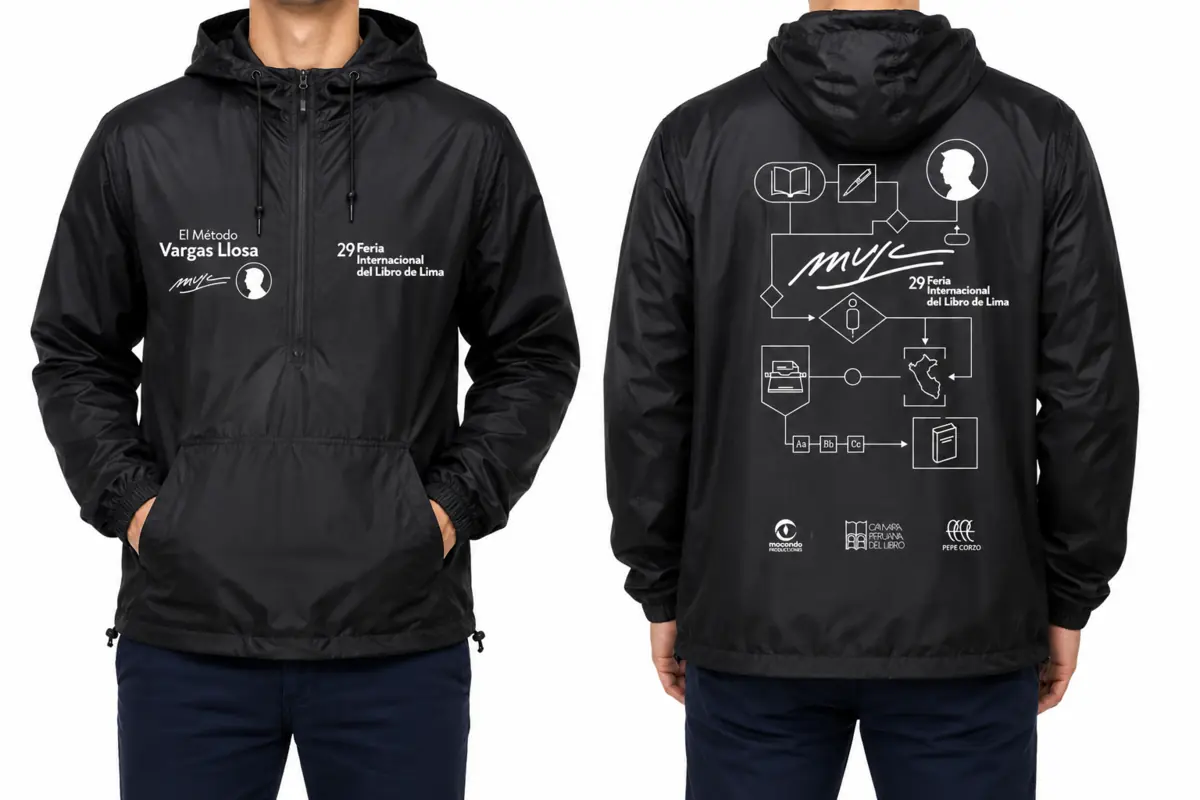 Cortavientos negro personalizado para evento Mario Vargas Llosa